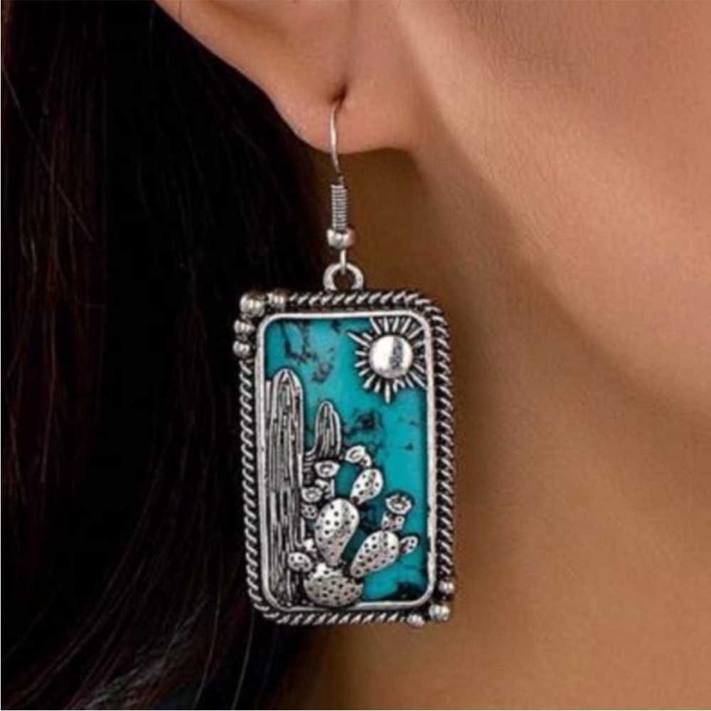 Turquoise and Silver Southwestern Cactus Earrings